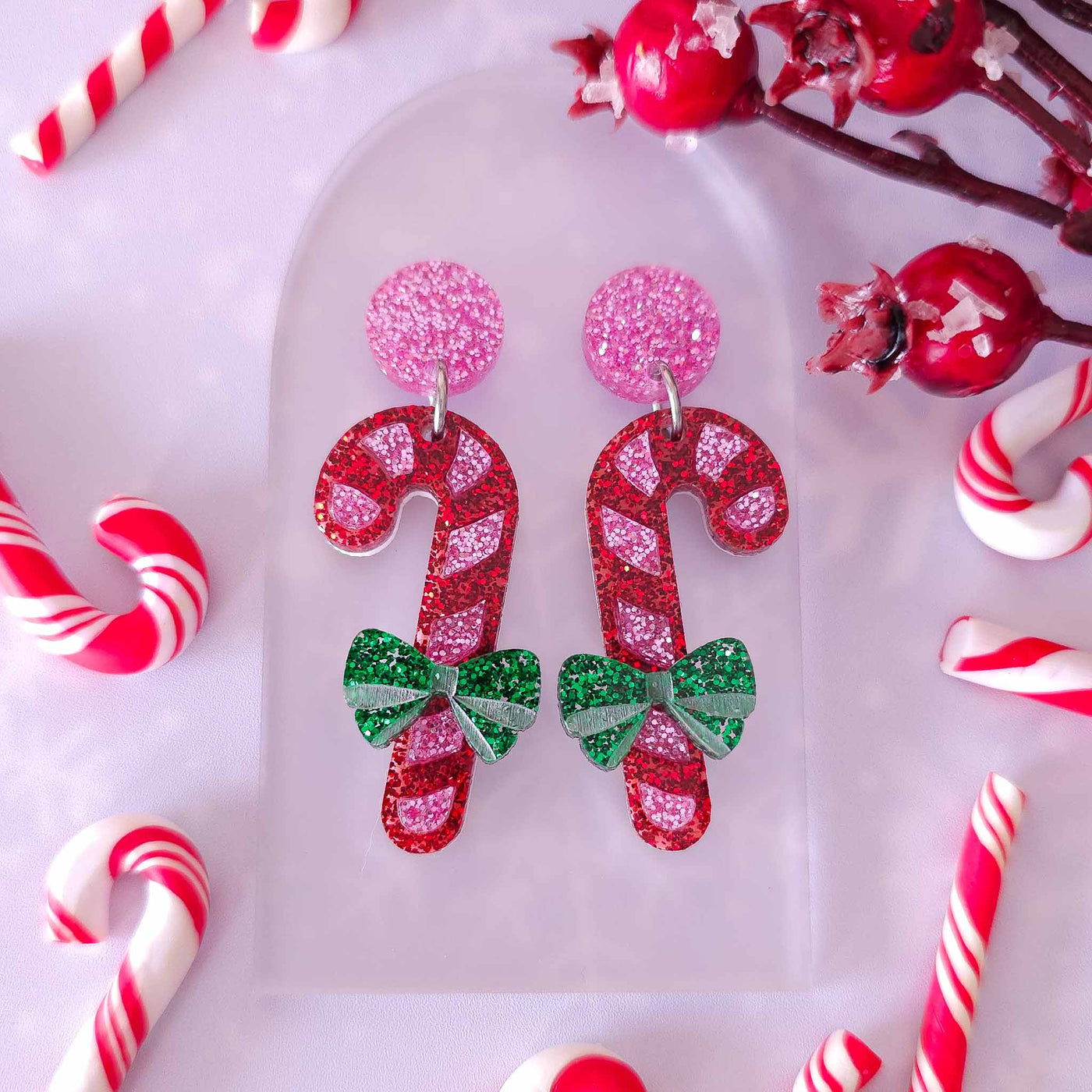 Candy Cane Dangle Earrings - Red & Pink