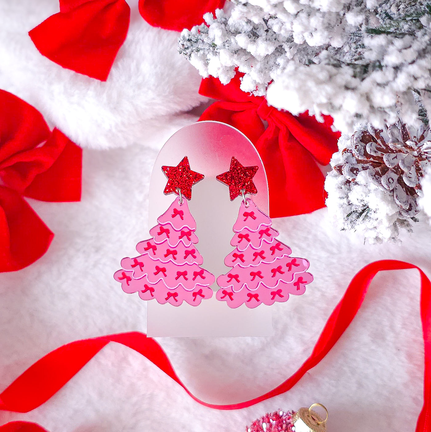 Christmas Tree Earrings - Pink