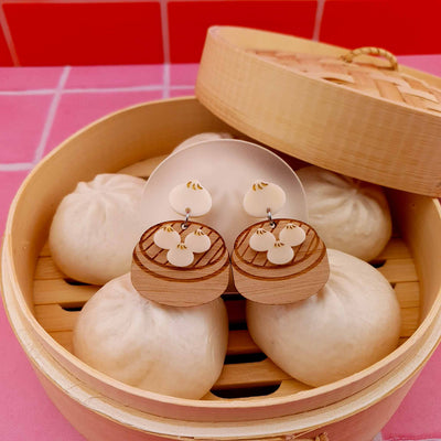Bao Bun Earrings in a Steamer Basket